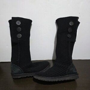 Vtg UGG 5819 Black Knit Crochet Sweater Classic Tall Boots Sheepskin Insole 8